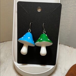 Novelty | Blue & Green | Resin | Mushroom Earrings | Mismatched | Funky| Dangle